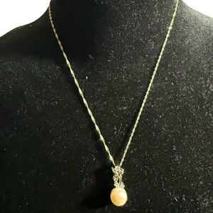 VINTAGE Sterling 925 Silver Single Freshwater Pearl and CZ Pendant Necklace